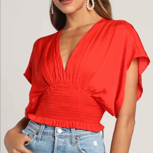 Red Tie Back Batwing-Sleeve Smocked Top - Picture 6 of 7